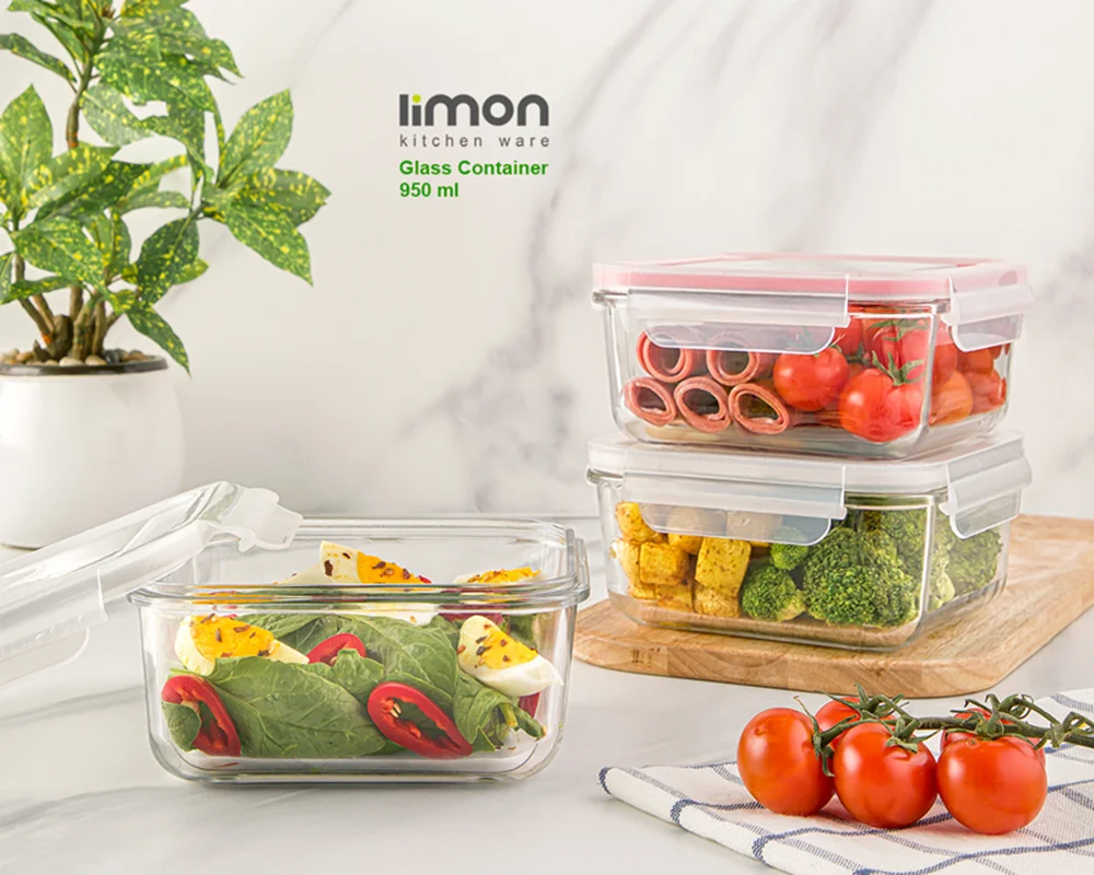 ظرف شیشه ای مربع دربدار 950 میلی لیتر لیمون